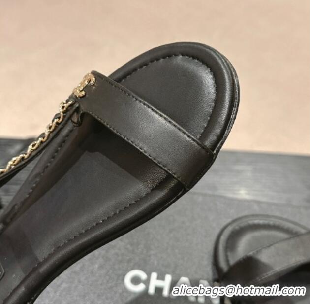 Low Price Chanel Lambskin Flat Sandals with Chain Strap Black 601074