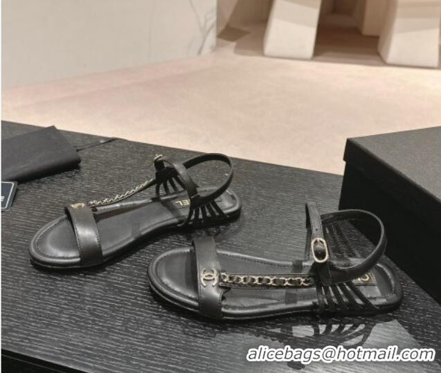 Low Price Chanel Lambskin Flat Sandals with Chain Strap Black 601074