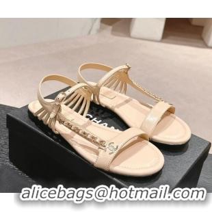 Luxurious Chanel Lambskin Flat Sandals with Chain Strap Beige 601075