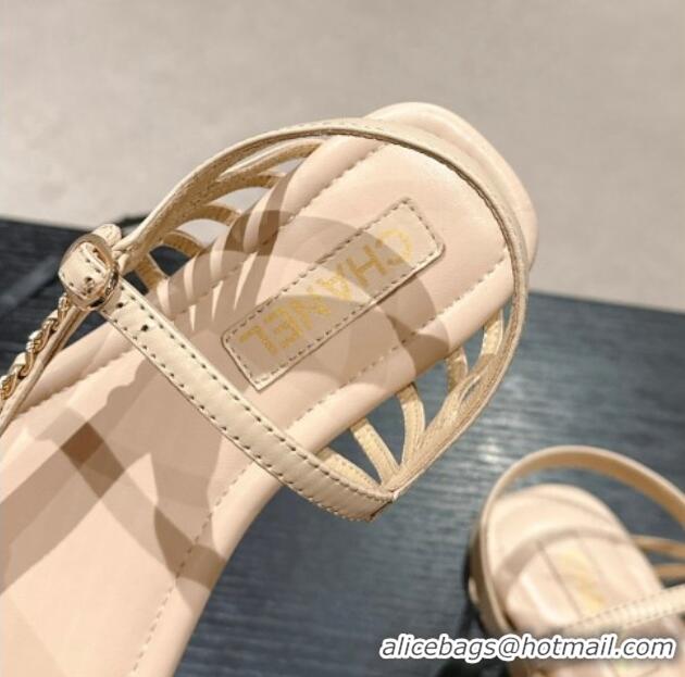 Luxurious Chanel Lambskin Flat Sandals with Chain Strap Beige 601075