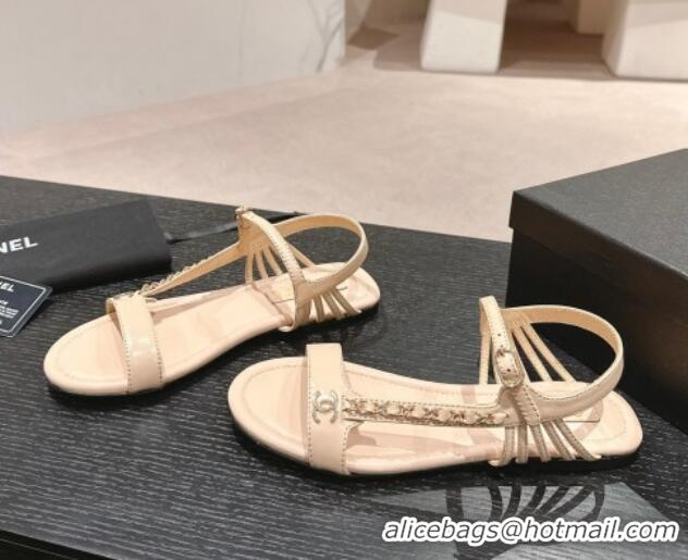 Luxurious Chanel Lambskin Flat Sandals with Chain Strap Beige 601075