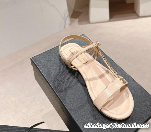 Luxurious Chanel Lambskin Flat Sandals with Chain Strap Beige 601075