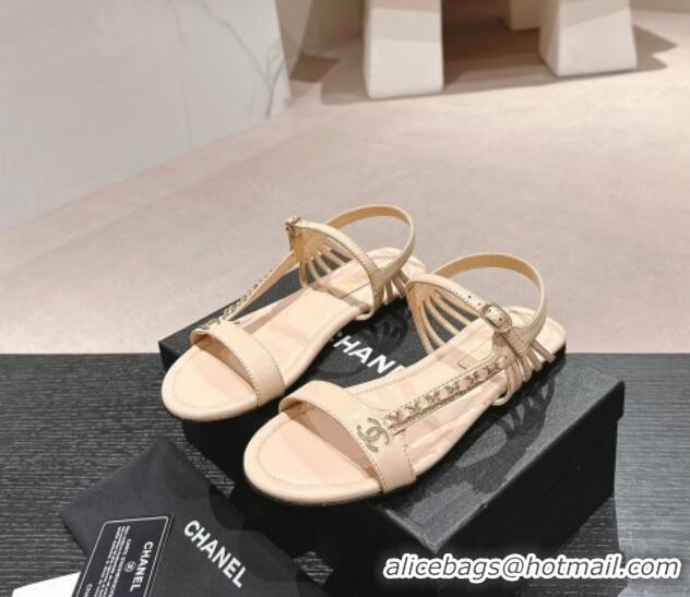 Luxurious Chanel Lambskin Flat Sandals with Chain Strap Beige 601075