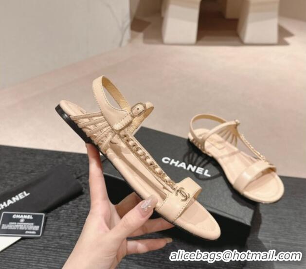 Luxurious Chanel Lambskin Flat Sandals with Chain Strap Beige 601075