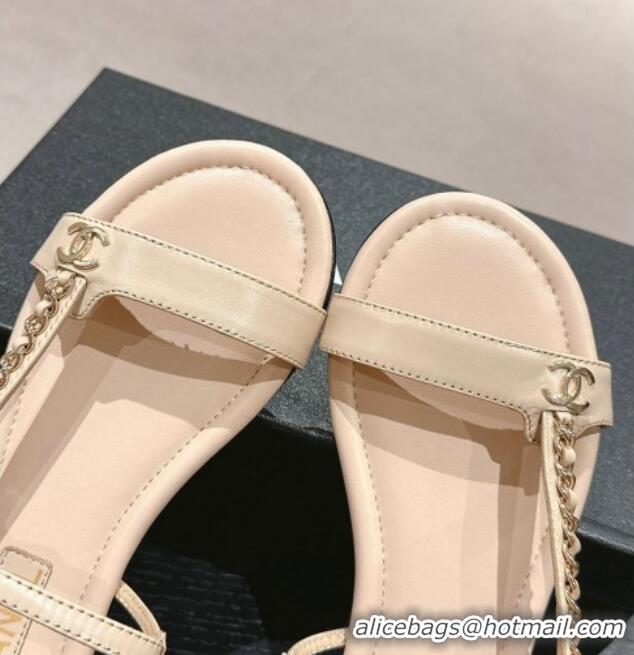 Luxurious Chanel Lambskin Flat Sandals with Chain Strap Beige 601075