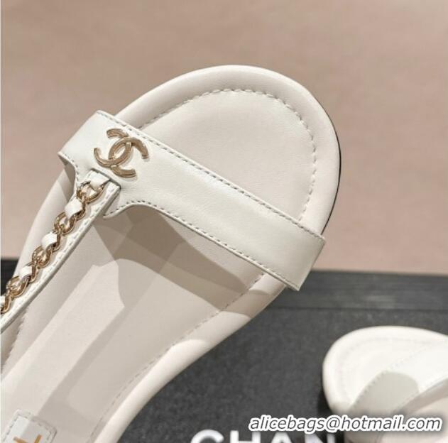 Unique Style Chanel Lambskin Flat Sandals with Chain Strap White 601076