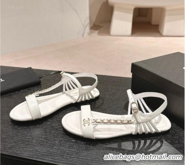 Unique Style Chanel Lambskin Flat Sandals with Chain Strap White 601076