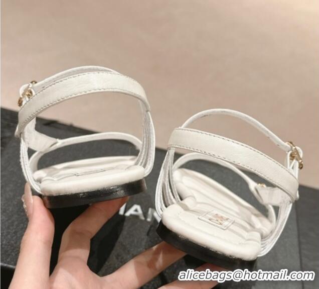 Unique Style Chanel Lambskin Flat Sandals with Chain Strap White 601076