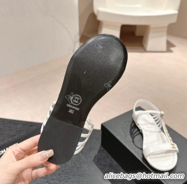 Unique Style Chanel Lambskin Flat Sandals with Chain Strap White 601076