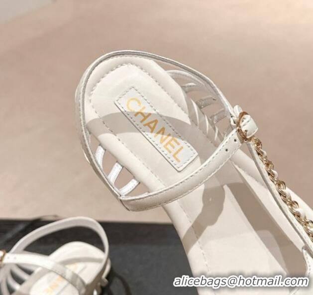 Unique Style Chanel Lambskin Flat Sandals with Chain Strap White 601076