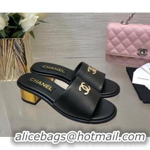 Best Grade Chanel Calfskin Slides Sandal 5cm with Gold-Tone Heel Black 601077