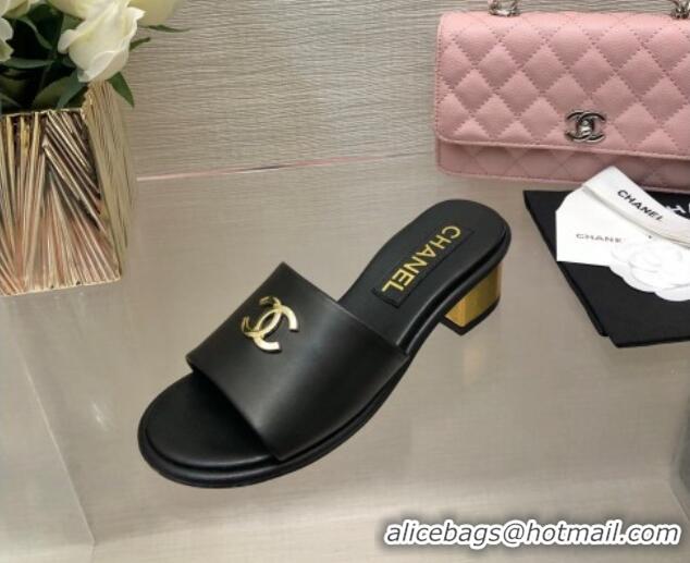 Best Grade Chanel Calfskin Slides Sandal 5cm with Gold-Tone Heel Black 601077