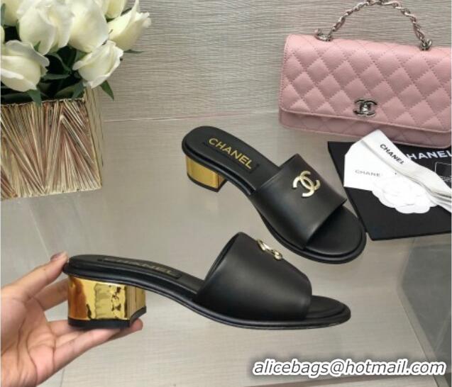 Best Grade Chanel Calfskin Slides Sandal 5cm with Gold-Tone Heel Black 601077