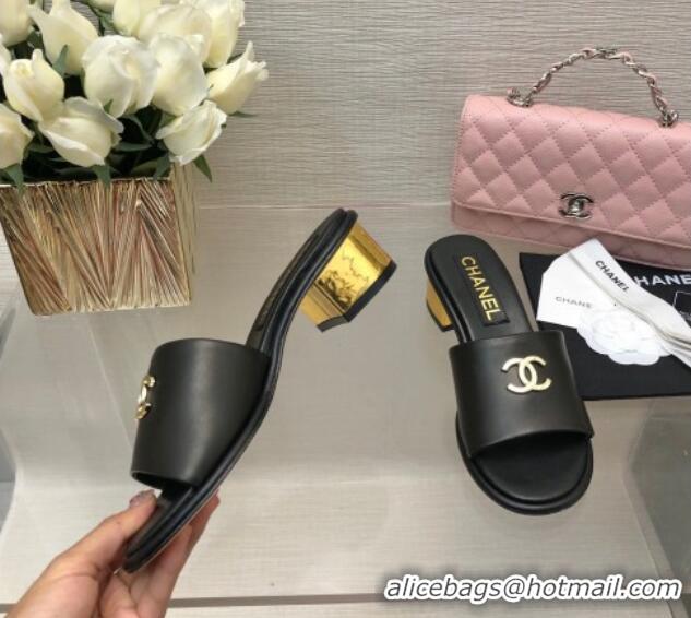 Best Grade Chanel Calfskin Slides Sandal 5cm with Gold-Tone Heel Black 601077