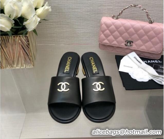 Best Grade Chanel Calfskin Slides Sandal 5cm with Gold-Tone Heel Black 601077