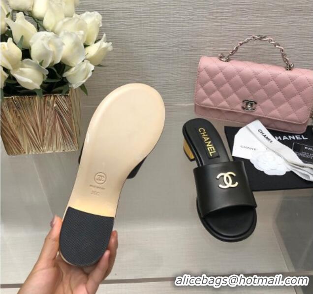 Best Grade Chanel Calfskin Slides Sandal 5cm with Gold-Tone Heel Black 601077