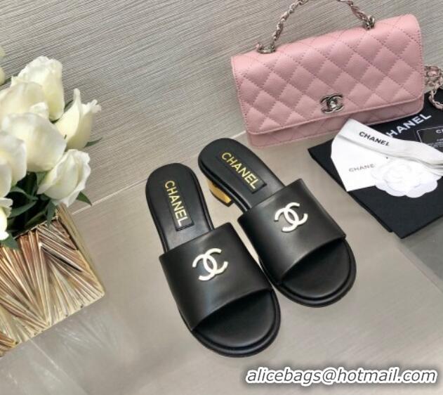 Best Grade Chanel Calfskin Slides Sandal 5cm with Gold-Tone Heel Black 601077