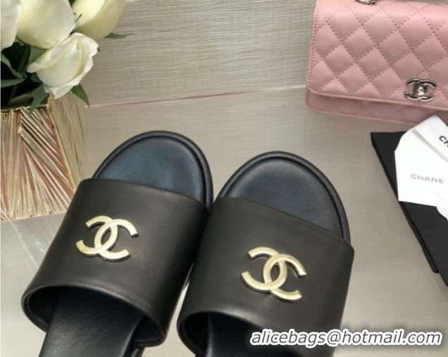 Best Grade Chanel Calfskin Slides Sandal 5cm with Gold-Tone Heel Black 601077