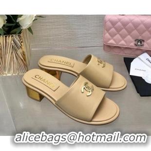 Pretty Style Chanel Calfskin Slides Sandal 5cm with Gold-Tone Heel Beige 601078