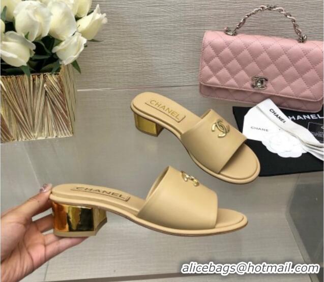 Pretty Style Chanel Calfskin Slides Sandal 5cm with Gold-Tone Heel Beige 601078