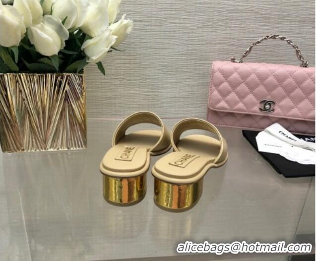 Pretty Style Chanel Calfskin Slides Sandal 5cm with Gold-Tone Heel Beige 601078