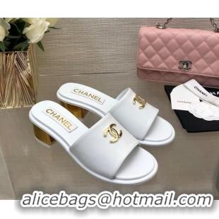 Best Price Chanel Calfskin Slides Sandal 5cm with Gold-Tone Heel White 601079