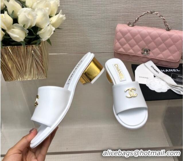 Best Price Chanel Calfskin Slides Sandal 5cm with Gold-Tone Heel White 601079