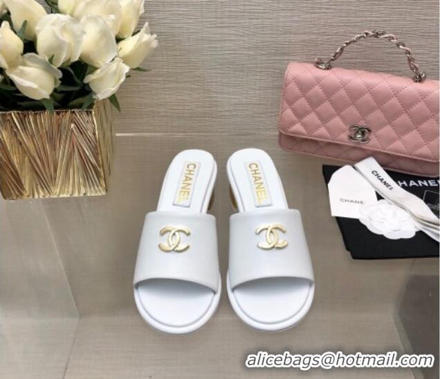 Best Price Chanel Calfskin Slides Sandal 5cm with Gold-Tone Heel White 601079