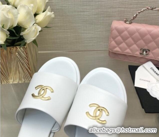 Best Price Chanel Calfskin Slides Sandal 5cm with Gold-Tone Heel White 601079