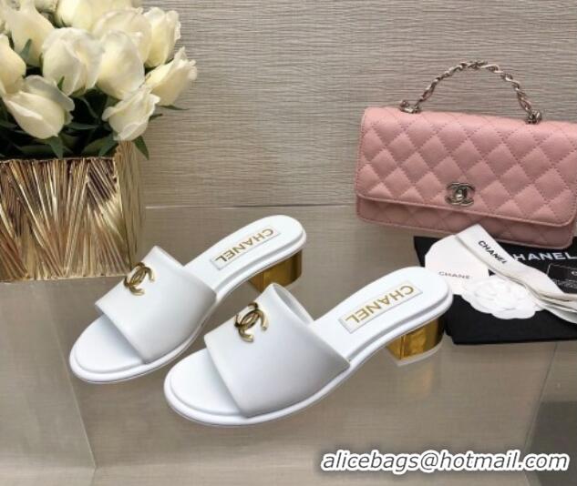 Best Price Chanel Calfskin Slides Sandal 5cm with Gold-Tone Heel White 601079