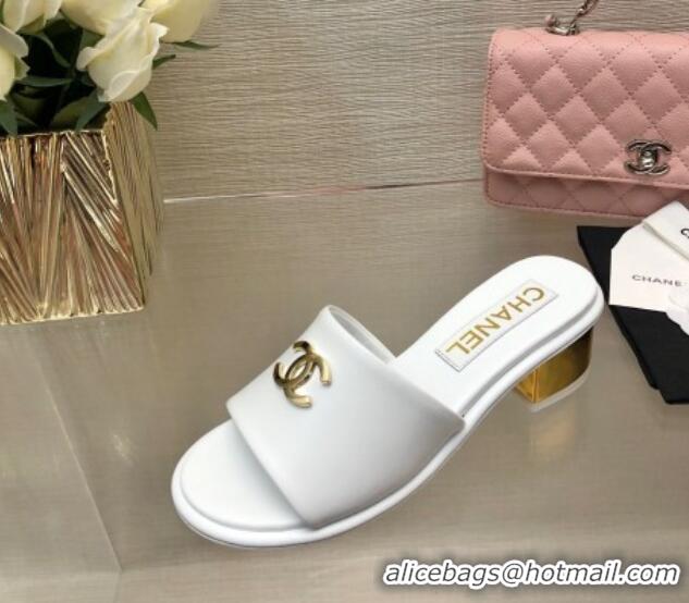 Best Price Chanel Calfskin Slides Sandal 5cm with Gold-Tone Heel White 601079