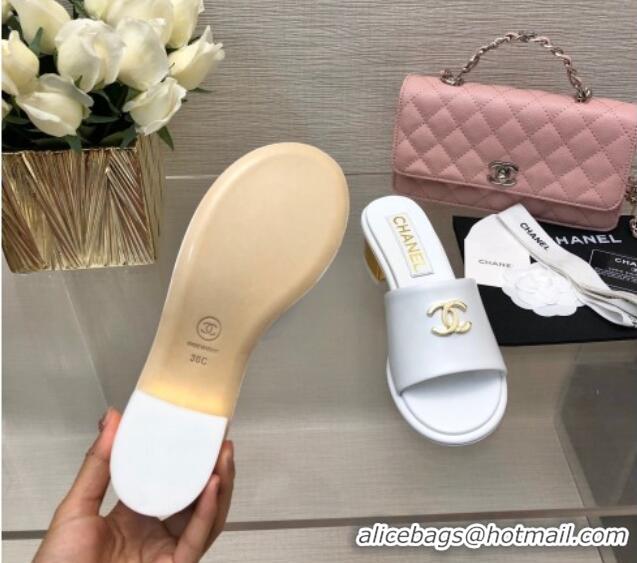 Best Price Chanel Calfskin Slides Sandal 5cm with Gold-Tone Heel White 601079