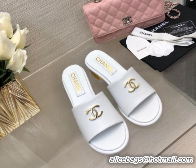 Best Price Chanel Calfskin Slides Sandal 5cm with Gold-Tone Heel White 601079