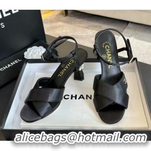 Top Grade Chanel Satin Heel Sandals 6.5cm with Pearls Black 01080