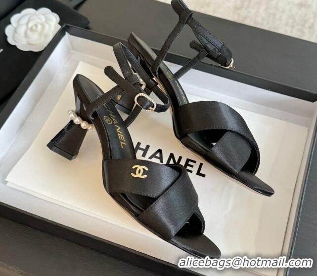 Top Grade Chanel Satin Heel Sandals 6.5cm with Pearls Black 01080