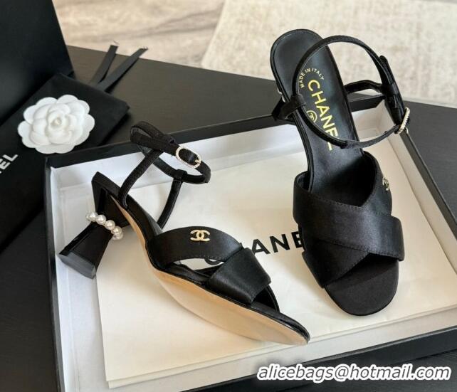 Top Grade Chanel Satin Heel Sandals 6.5cm with Pearls Black 01080