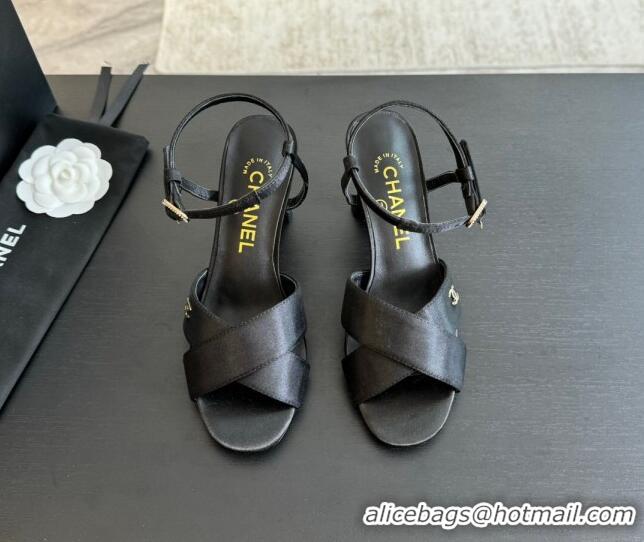 Top Grade Chanel Satin Heel Sandals 6.5cm with Pearls Black 01080