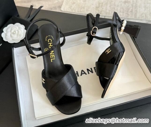 Top Grade Chanel Satin Heel Sandals 6.5cm with Pearls Black 01080