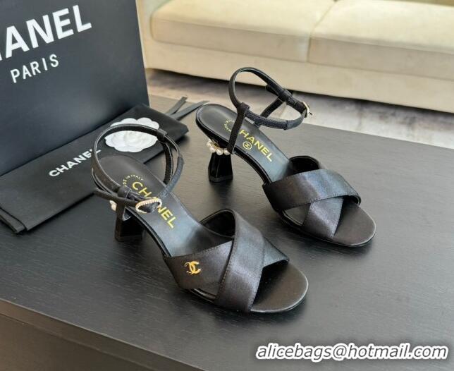 Top Grade Chanel Satin Heel Sandals 6.5cm with Pearls Black 01080