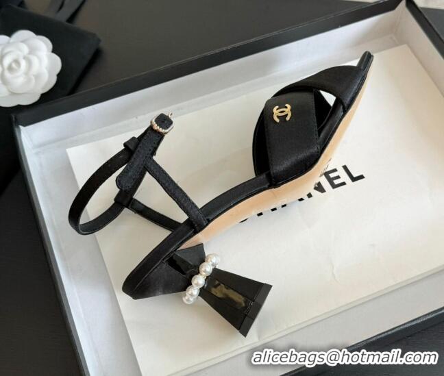 Top Grade Chanel Satin Heel Sandals 6.5cm with Pearls Black 01080