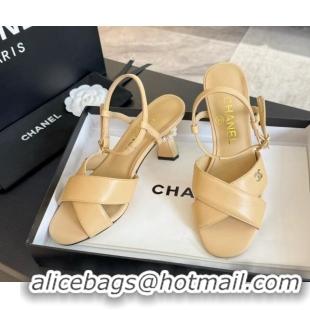 Popular Style Chanel Lambskin Heel Sandals 6.5cm with Pearls Beige 01081