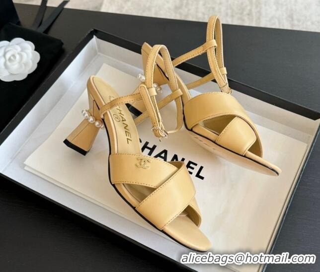 Popular Style Chanel Lambskin Heel Sandals 6.5cm with Pearls Beige 01081