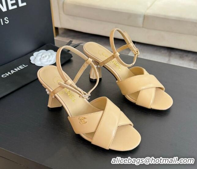 Popular Style Chanel Lambskin Heel Sandals 6.5cm with Pearls Beige 01081