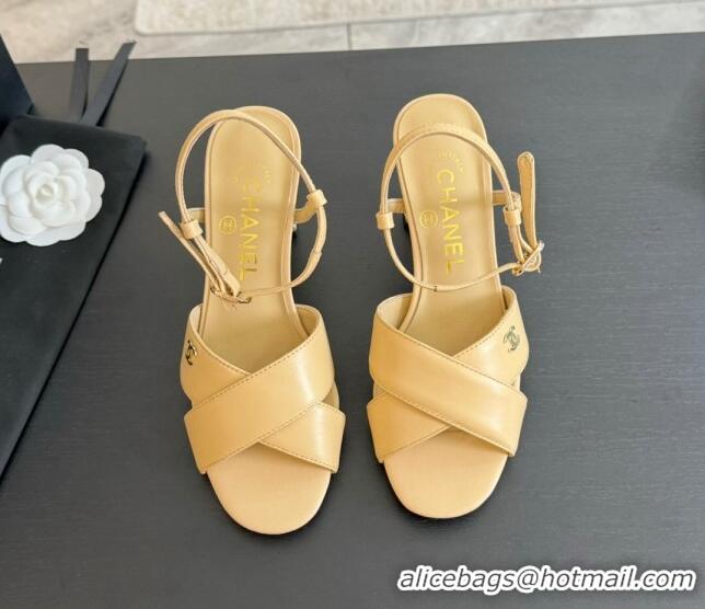 Popular Style Chanel Lambskin Heel Sandals 6.5cm with Pearls Beige 01081