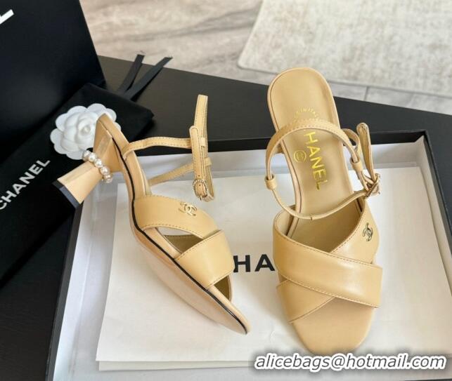 Popular Style Chanel Lambskin Heel Sandals 6.5cm with Pearls Beige 01081