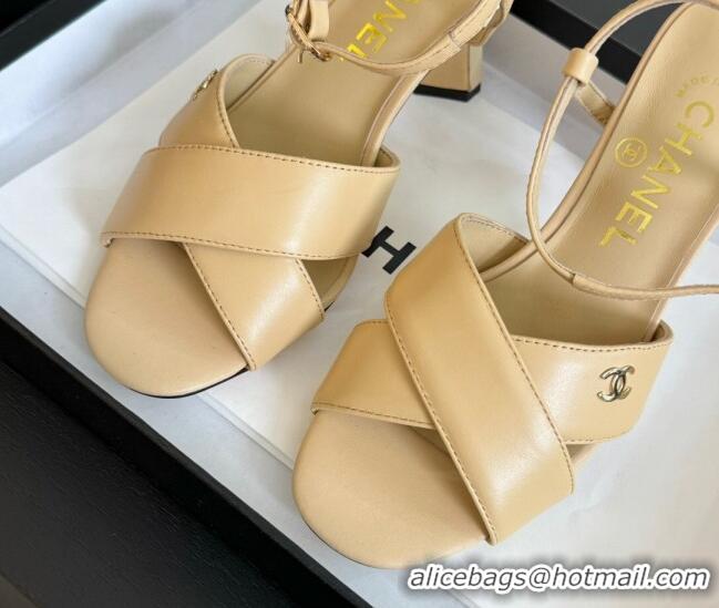 Popular Style Chanel Lambskin Heel Sandals 6.5cm with Pearls Beige 01081