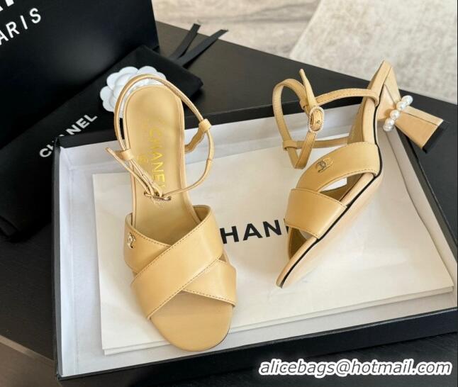 Popular Style Chanel Lambskin Heel Sandals 6.5cm with Pearls Beige 01081