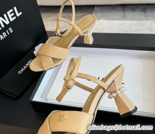 Popular Style Chanel Lambskin Heel Sandals 6.5cm with Pearls Beige 01081