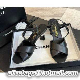 Best Grade Chanel Lambskin Heel Sandals 6.5cm with Pearls Black 601082