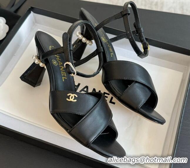 Best Grade Chanel Lambskin Heel Sandals 6.5cm with Pearls Black 601082